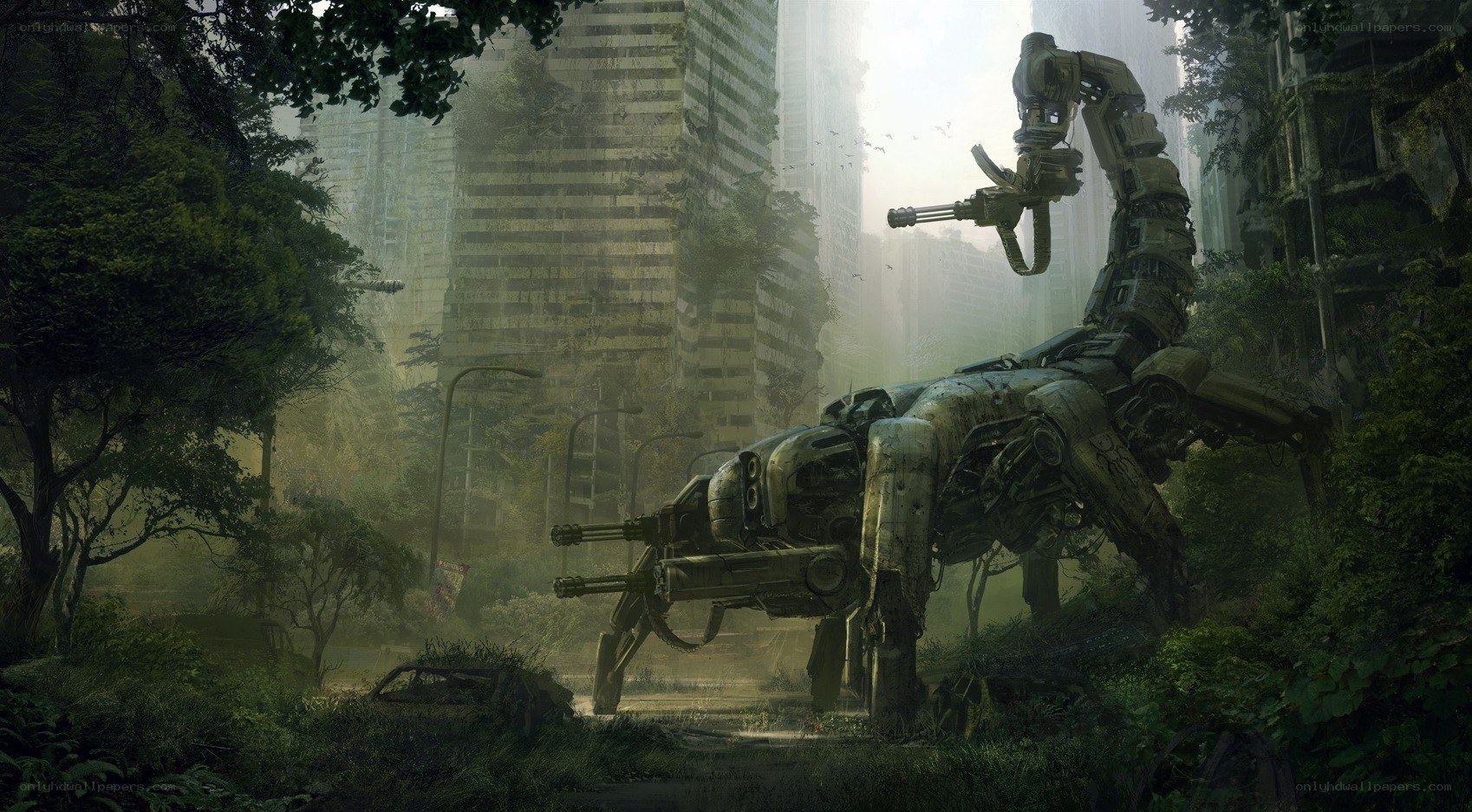 Robot in overgrown city