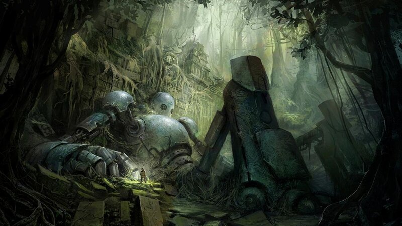 Robot in overgrown jungle
