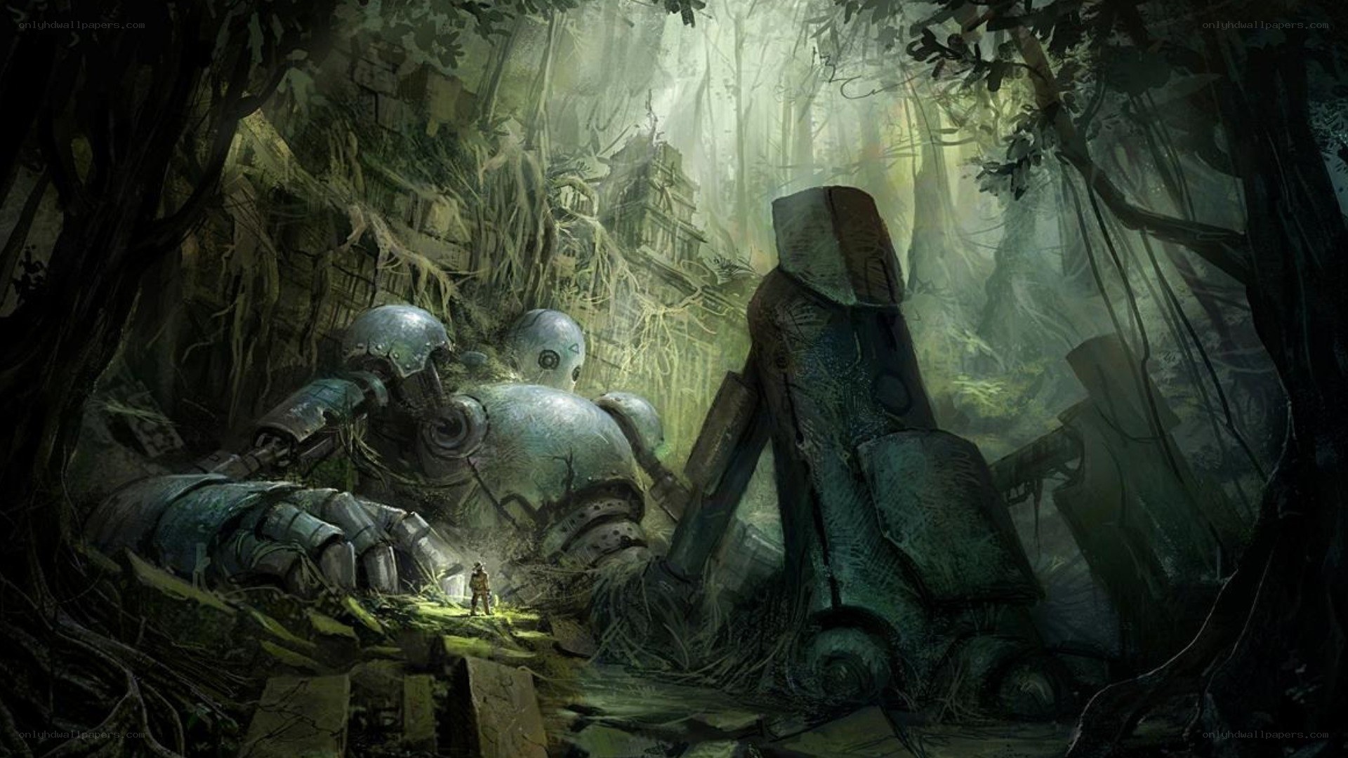 Robot in overgrown jungle