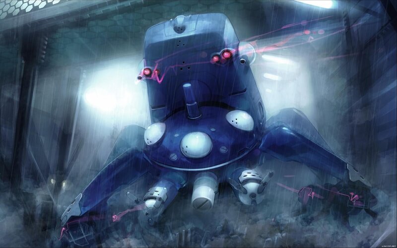 robot in rainy alley