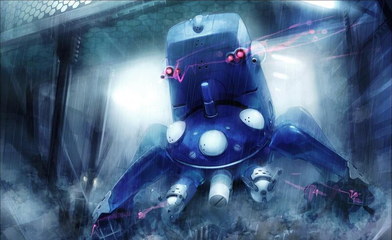 robot in rainy alley