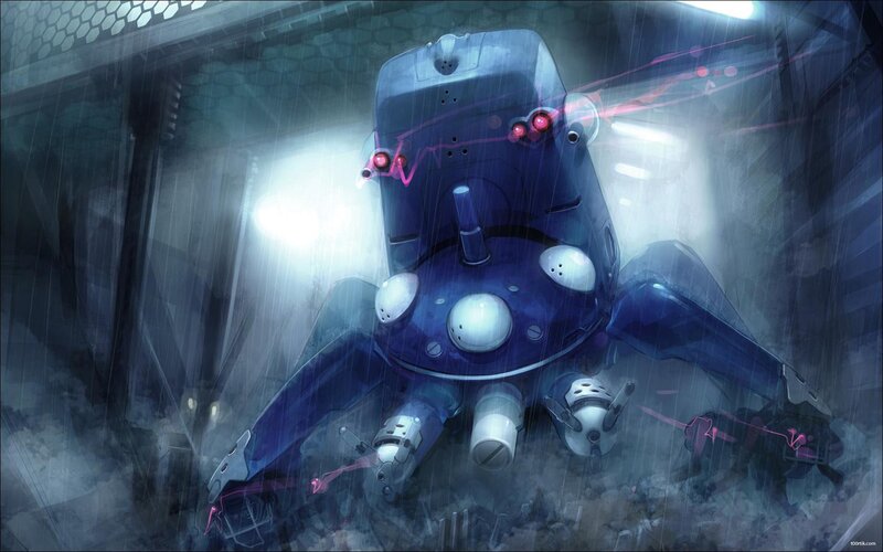 robot in rainy alley