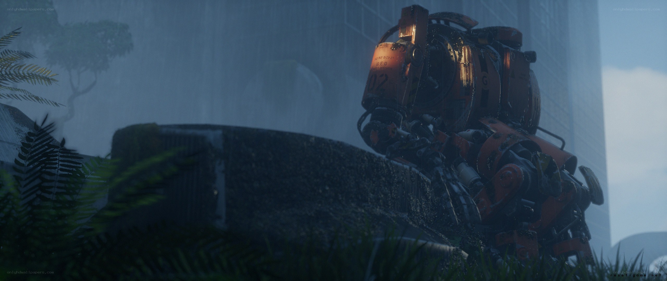robot in rainy city