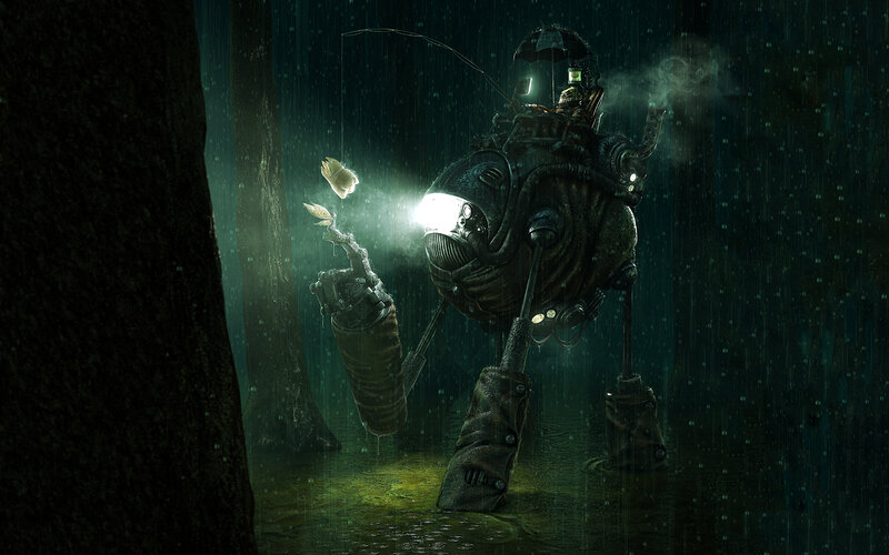 robot in rainy forest
