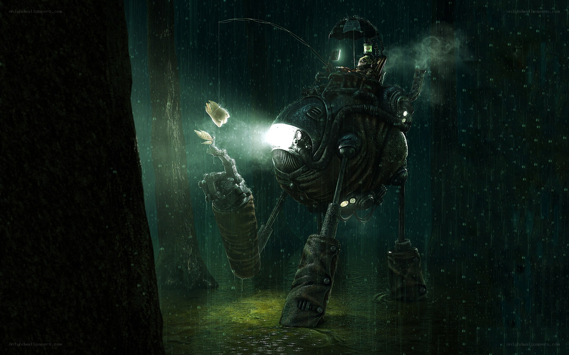 robot in rainy forest