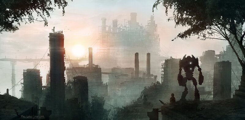 Robot in Ruined City — Gray, Dramatic, Sunrise