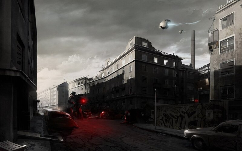 Robot in Ruined City — Gray