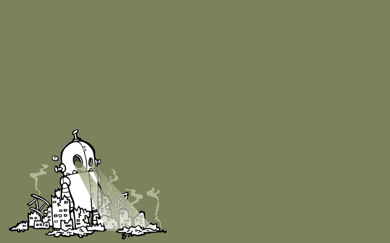 Robot in Ruined City — Olive Green