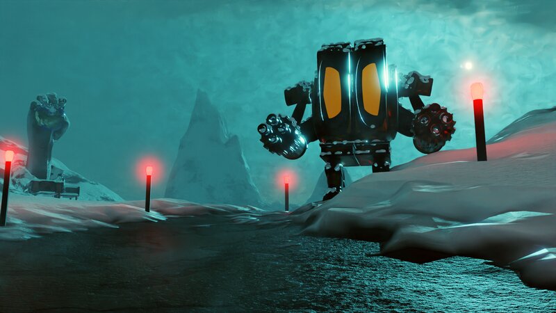 Robot in Snowy Landscape — Teal