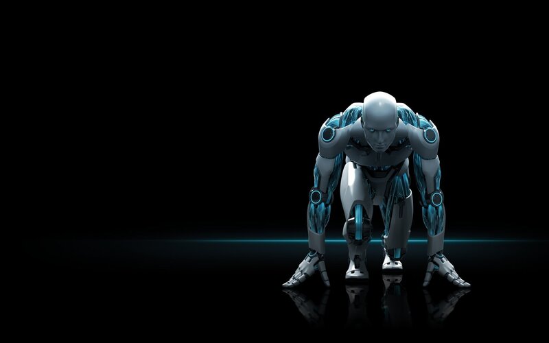 Robot in Starting Position — Black, Dramatic, 3d Render, Black Background