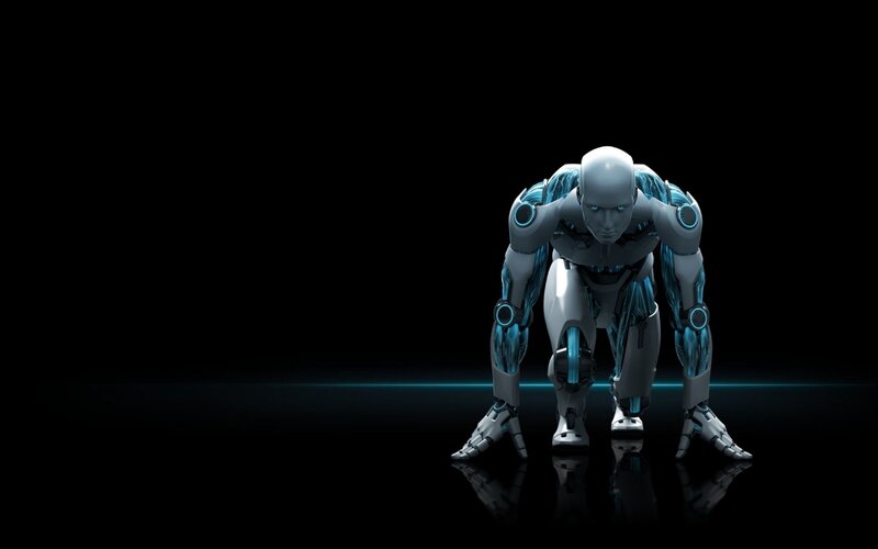 Robot in Starting Position — Black, Dramatic, 3d Render, Glowing Blue Lights, Black Background, Reflection, White