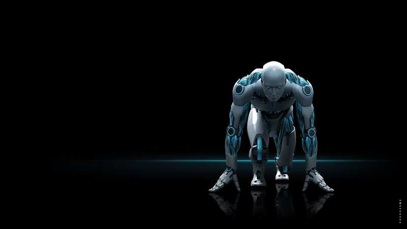 Robot in Starting Position — Black, Dramatic, 3d Render, Glowing Blue Lights