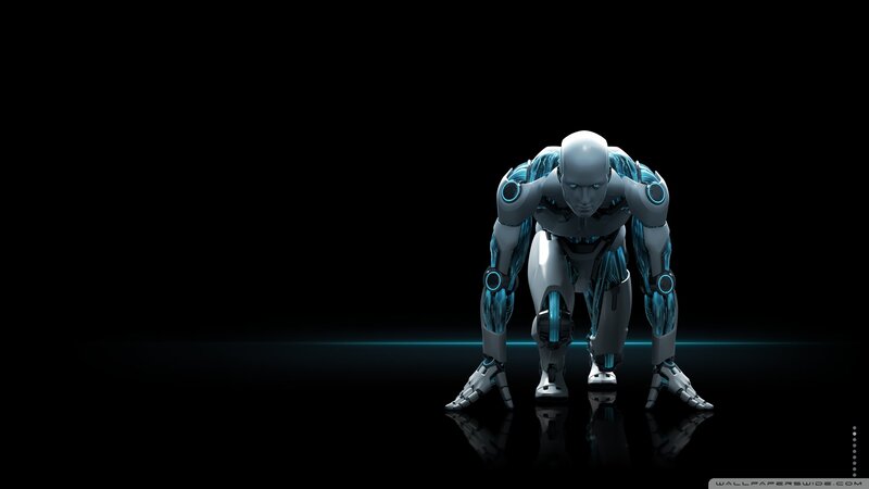 Robot in Starting Position — Black, Dramatic, 3d Render, Glowing Blue Lines