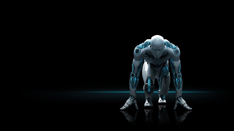 Robot in Starting Position — Black, Dramatic, 3d Render