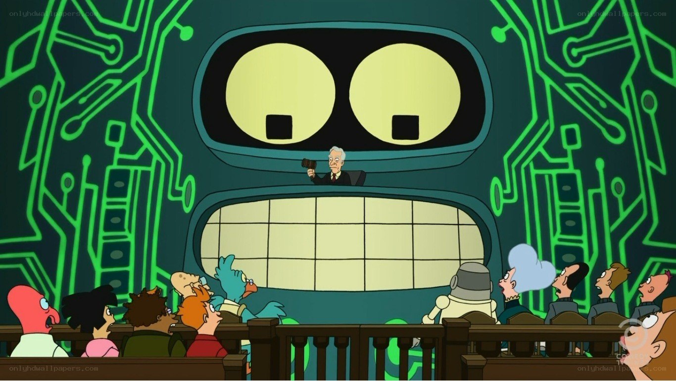 Robot judge in courtroom