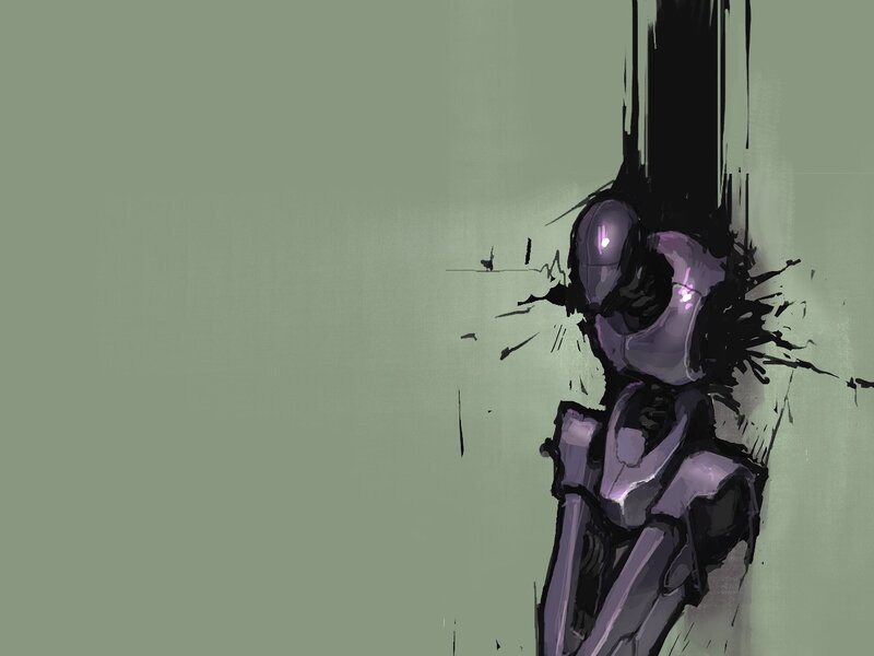 robot leaning against wall