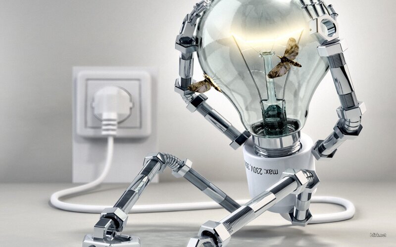 robot made of light bulb parts