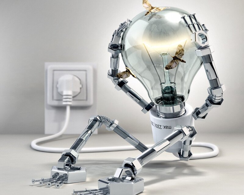 robot made of light bulb parts