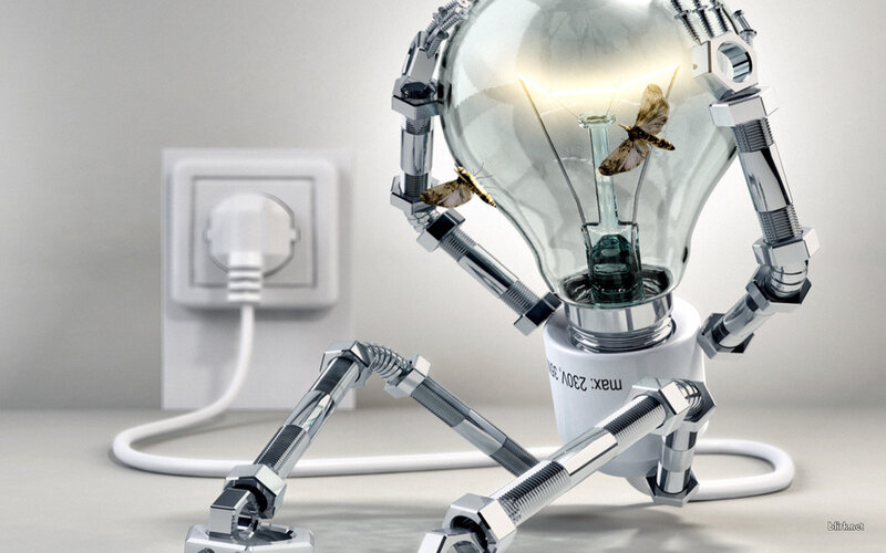 Robot Made of Light Bulb — White, Dramatic, Digital Art