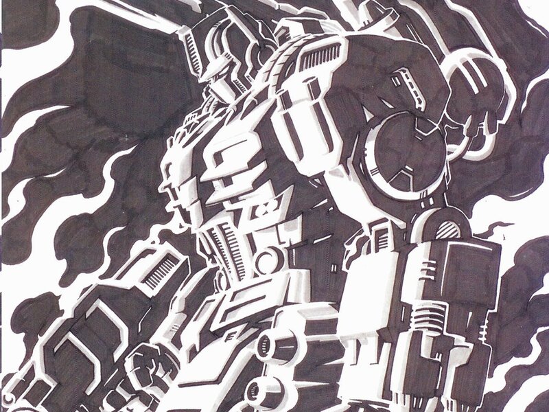 robot mech in black and white
