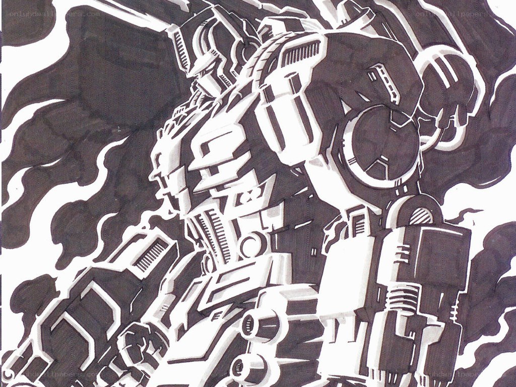 robot mech in black and white