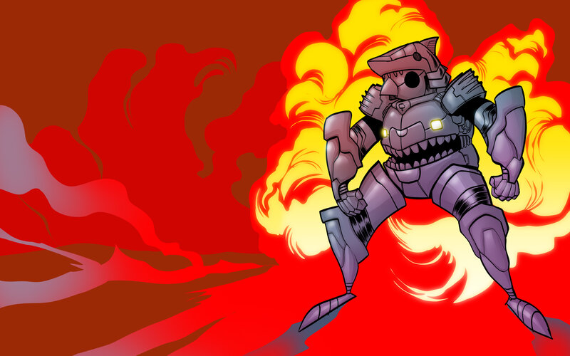 robot monster in flames