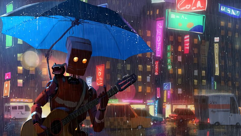 Robot Musician in Rain — Blue