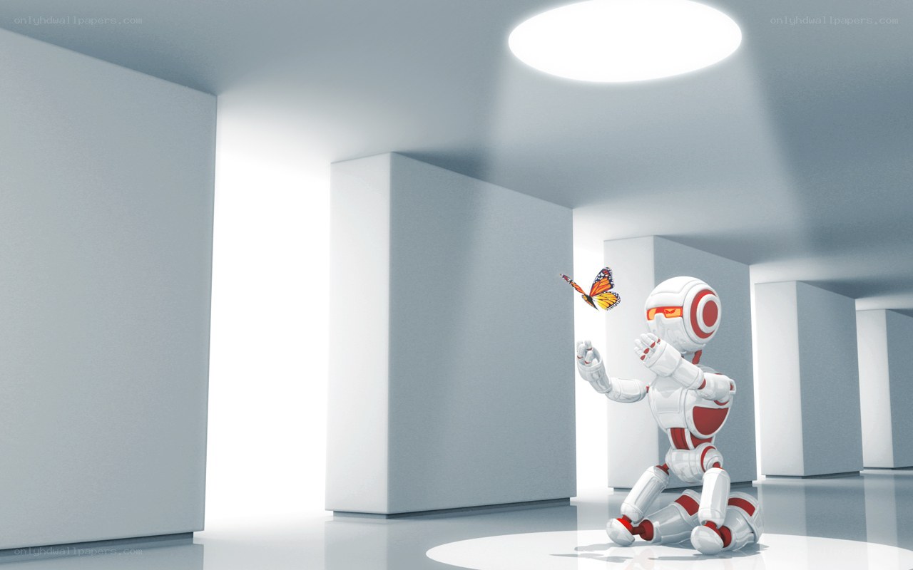robot observing a butterfly