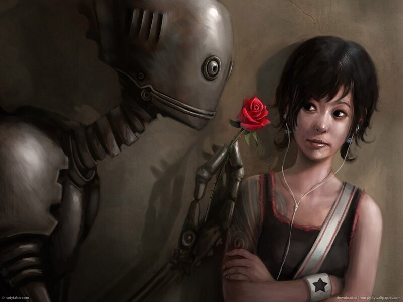 Robot offering a rose to a girl