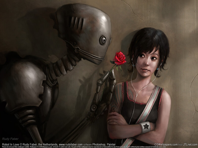 Robot Offering Rose to Girl — Gray, Dramatic, Digital Art