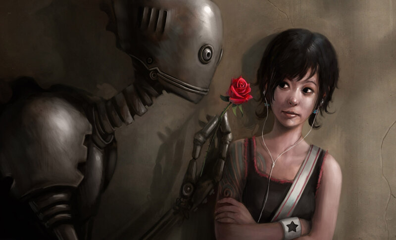 Robot Offering Rose to Girl — Gray, Dramatic