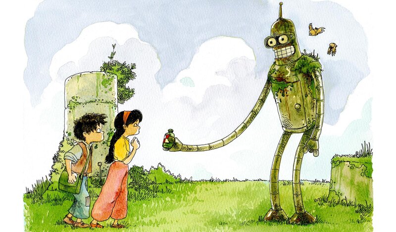Robot offers bottle to children