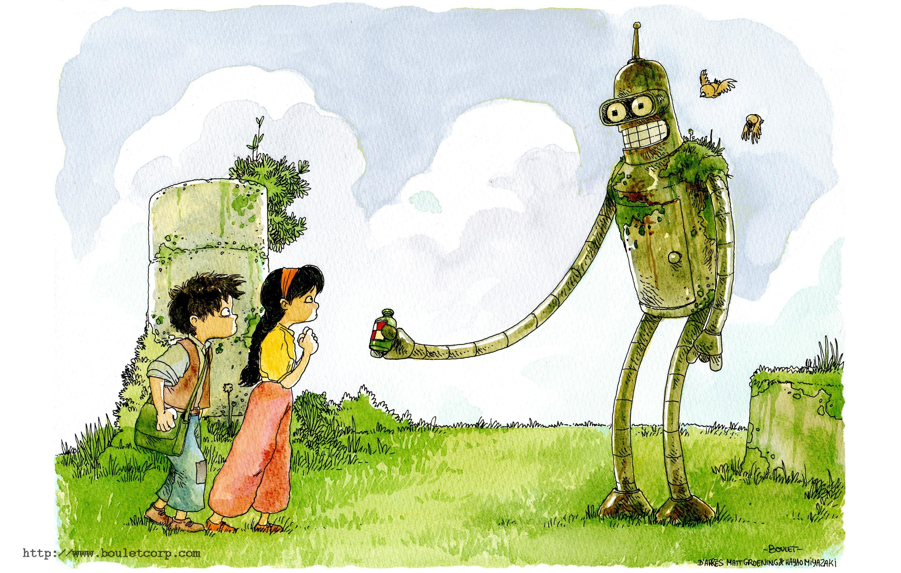 Robot offers bottle to children