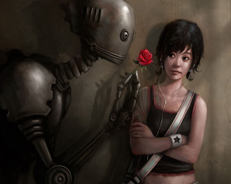 Robot offers rose to girl
