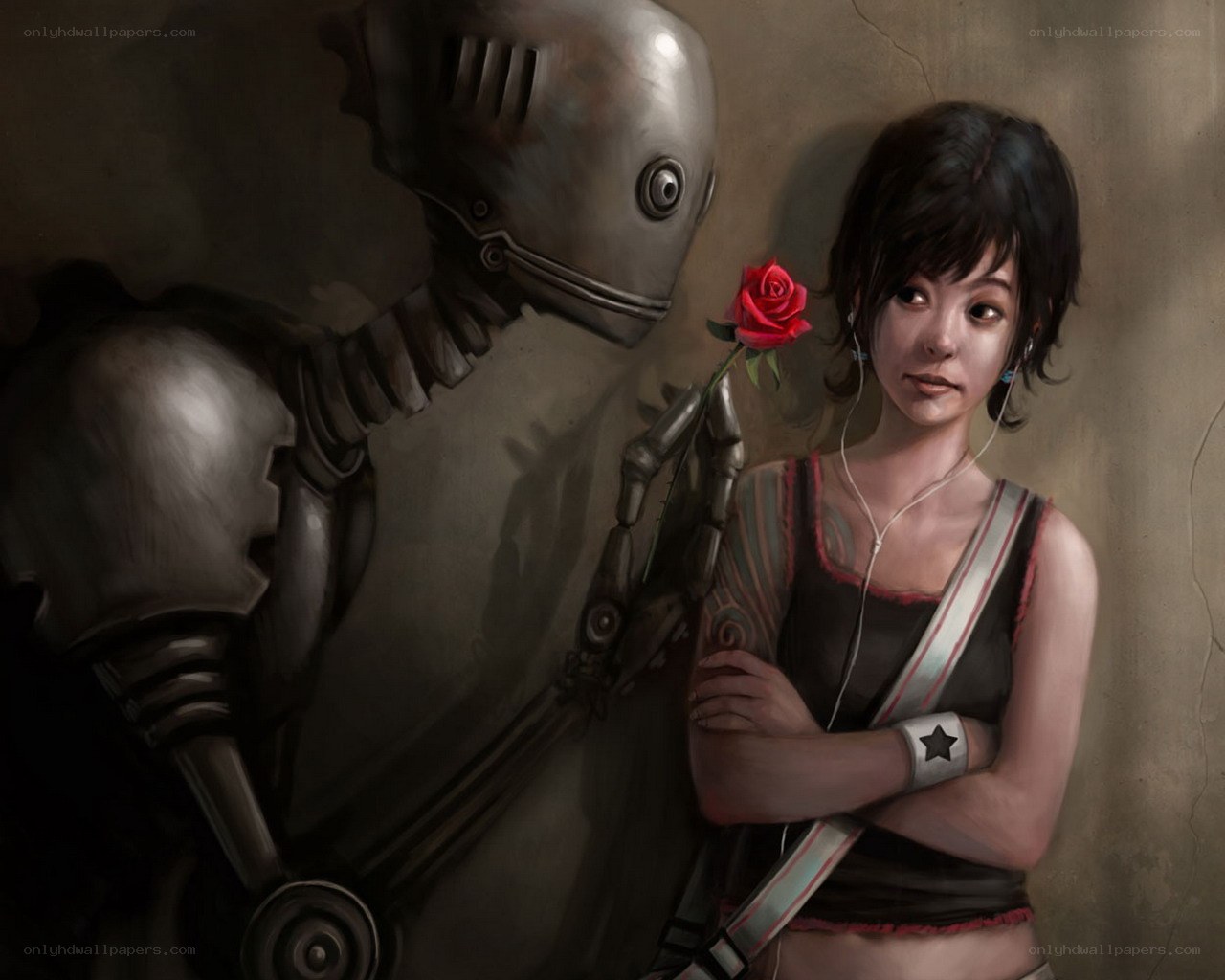 Robot offers rose to girl