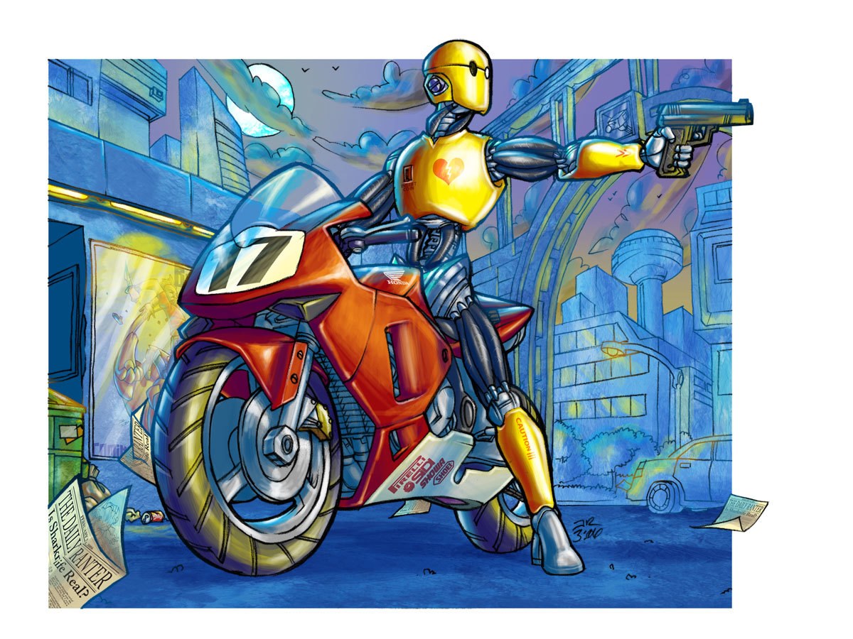 robot on a motorcycle
