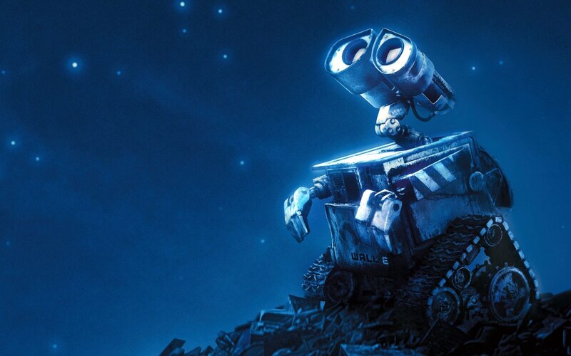 Robot on a Pile of Debris — Blue, Dramatic, Night
