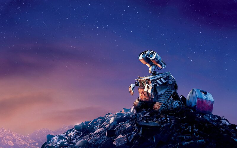 Robot on a Trash Pile — Blue, Serene, Night, 3d Render, Stars, Sky