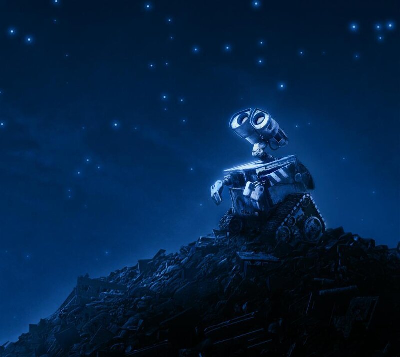 Robot on a Trash Pile — Blue, Serene, Night
