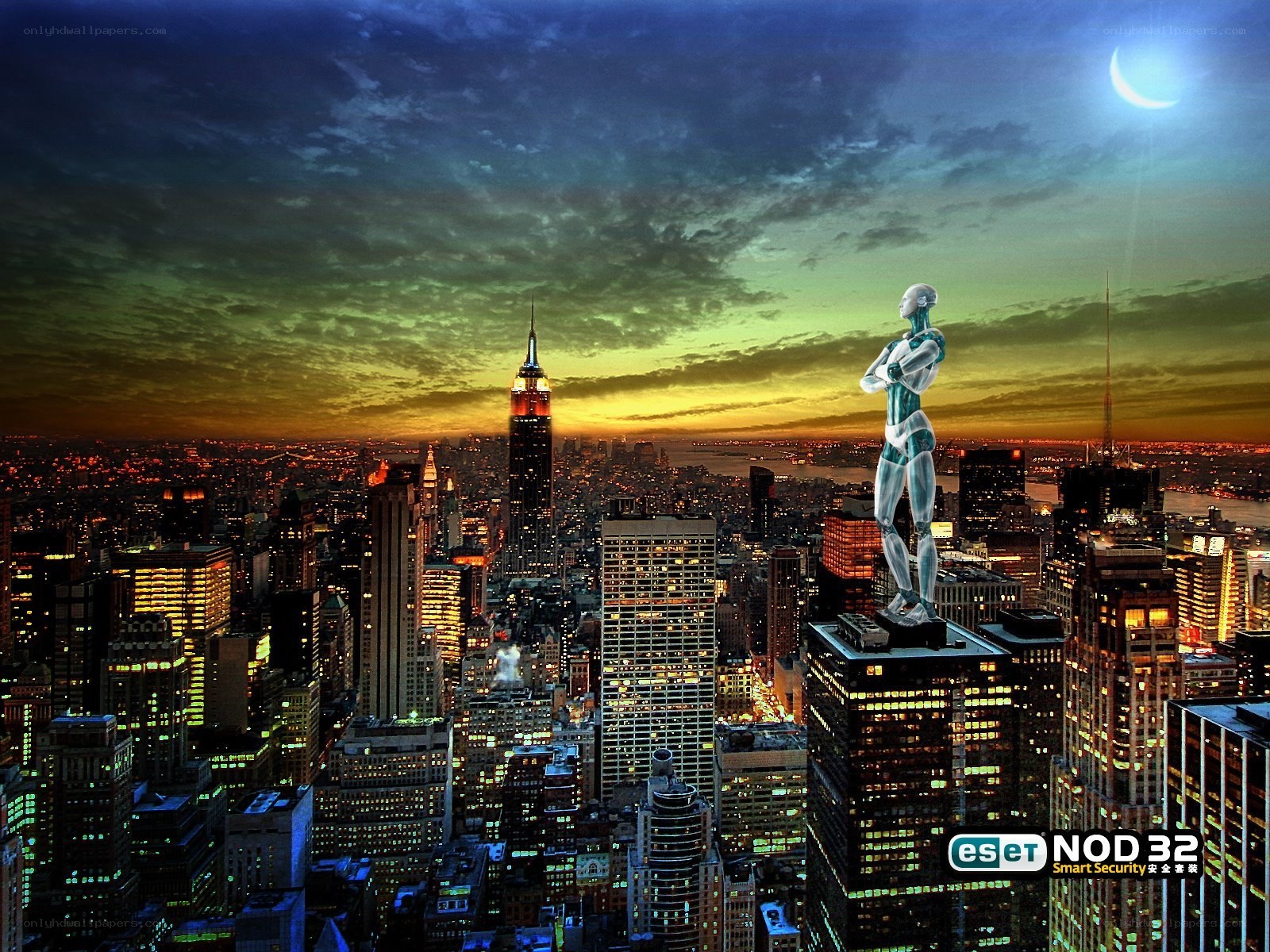robot overlooking city at dusk