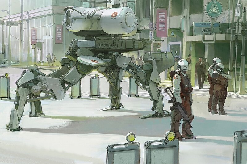 Robot patrol in futuristic city