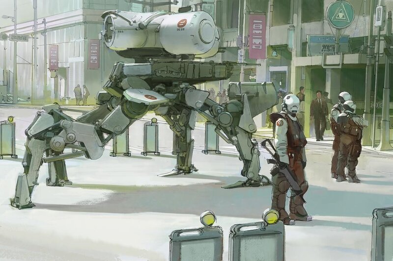 Robot patrol in futuristic city