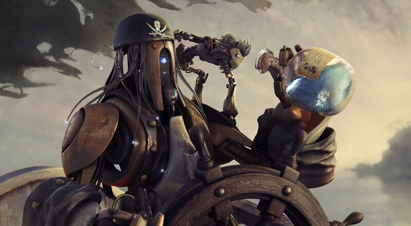 robot pirate captain at helm