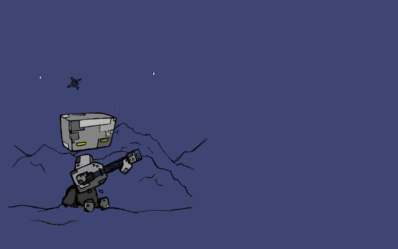 robot playing guitar on alien planet