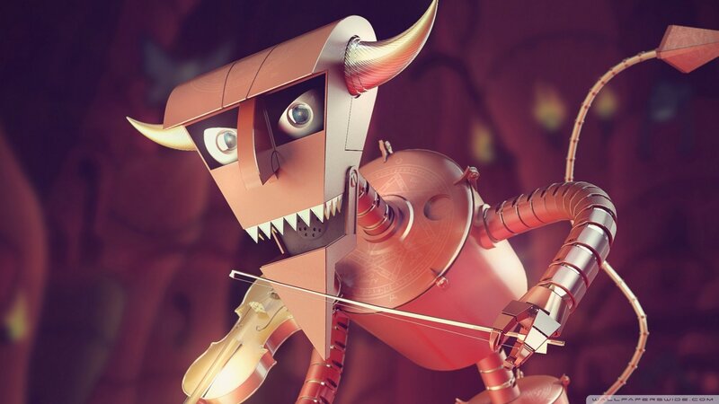 Robot Playing Violin — Red, Dramatic