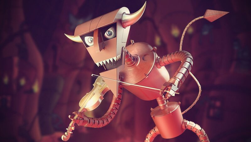 Robot Playing Violin — Red
