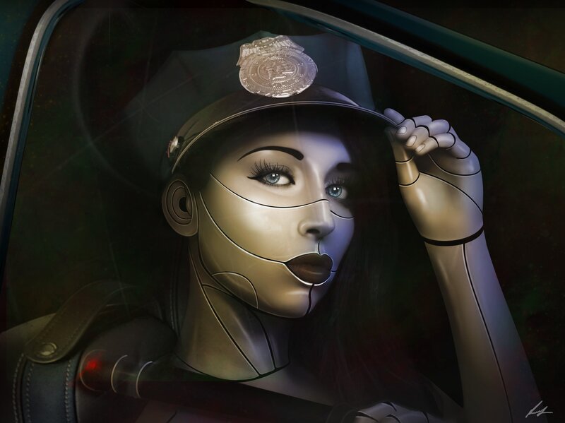 Robot Police Officer — Black, Dramatic, Night, Digital Art