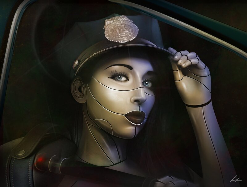 Robot Police Officer — Black, Dramatic, Night
