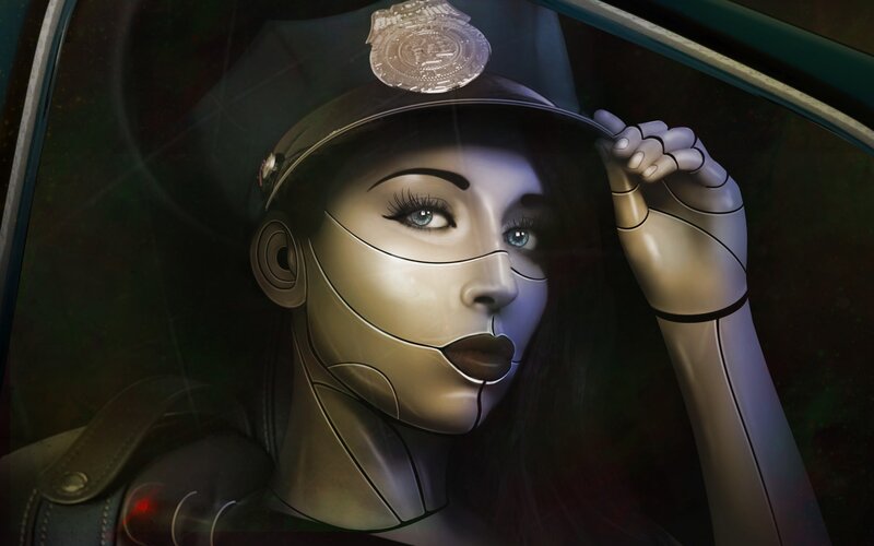 Robot Police Officer — Gray, Dramatic, Night, Digital Art