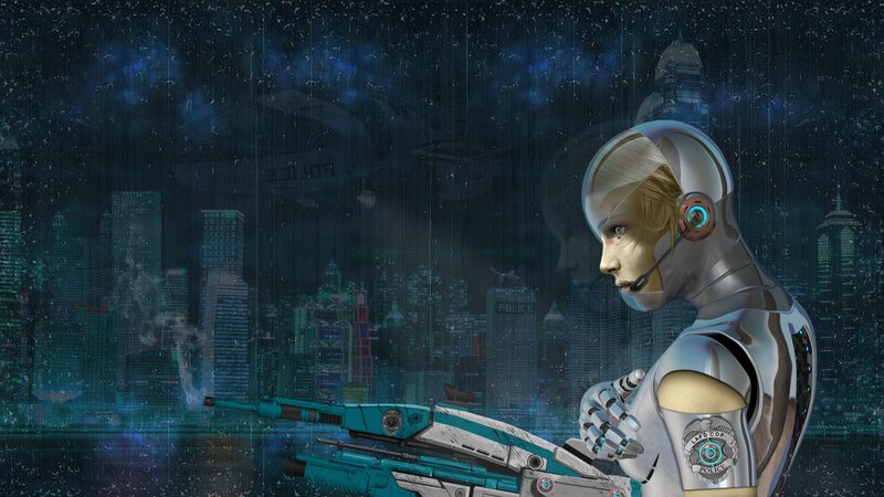 robot police officer in rain